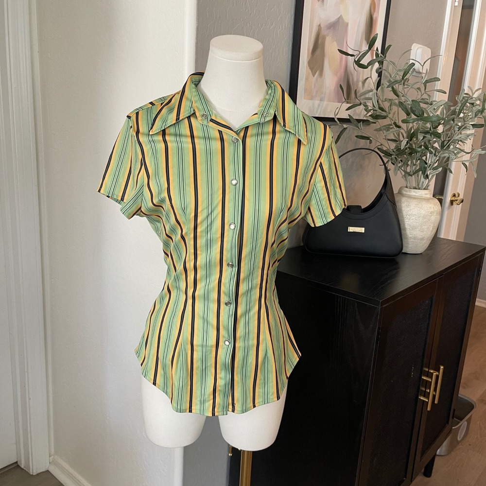r.d.s. Striped Snap Front Shirt Womens Small Green Yellow Vintage Y2K Grunge